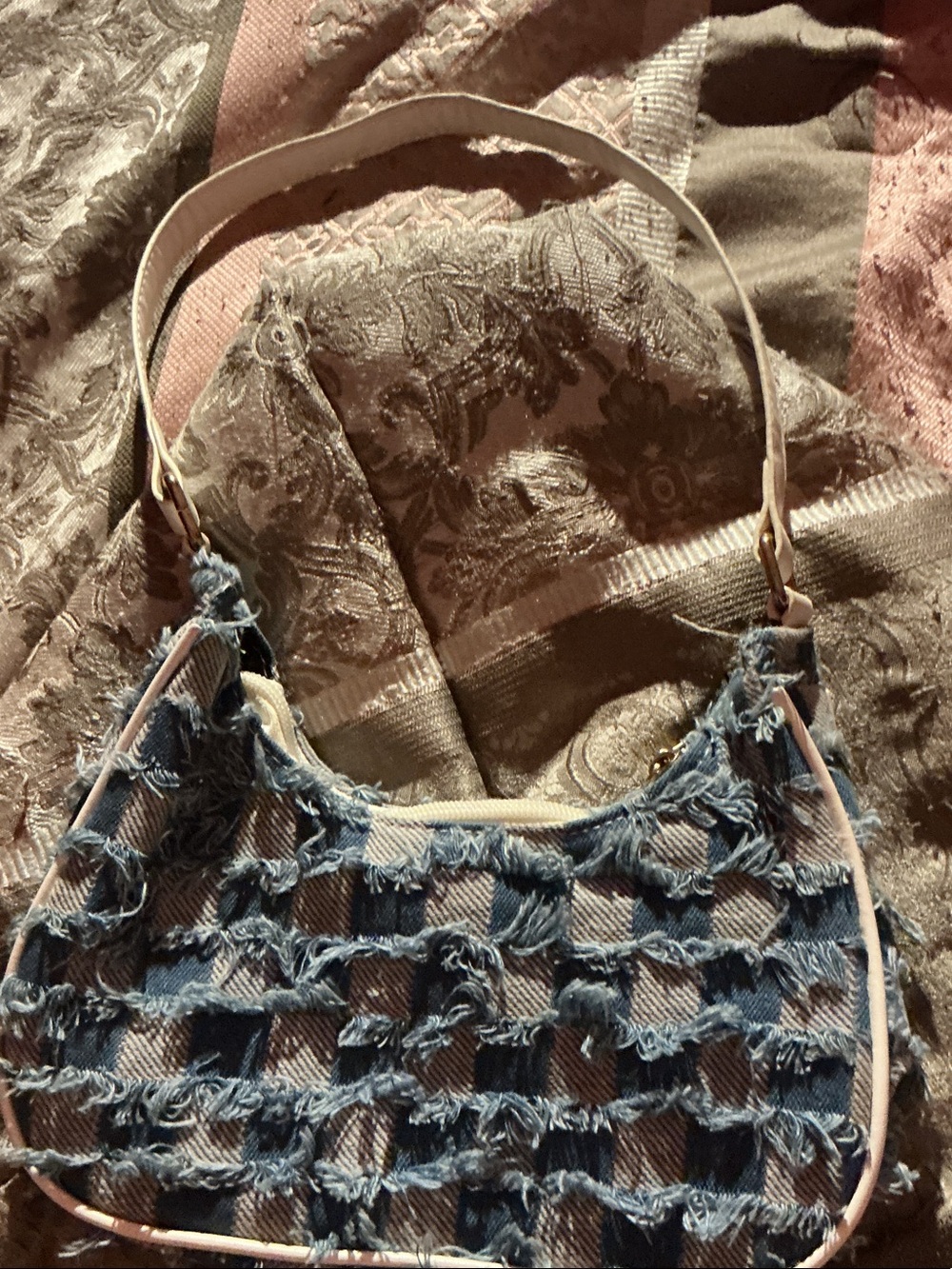 Distressed Blue Denim Shoulder Bag with Light Trim
